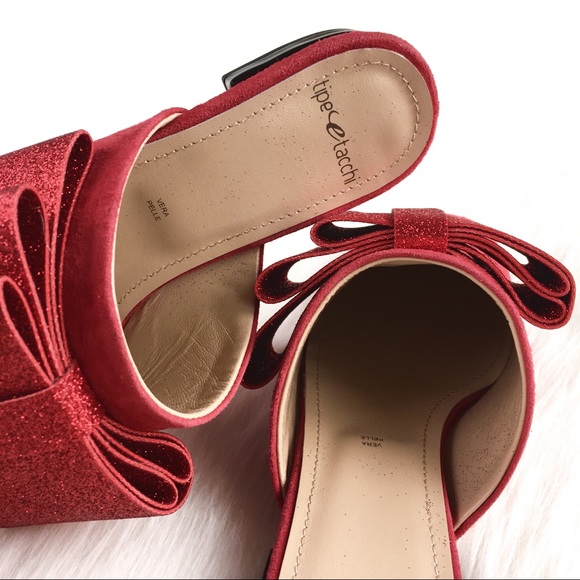 Tipe E Tacchi | red suede glitter bow mule flats - Picture 4 of 8
